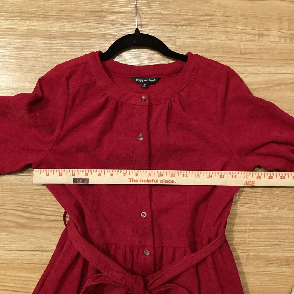 Simply Southern Womens S Red Corduroy Tiered Button Down Belted Mini Dress - Picture 6 of 9